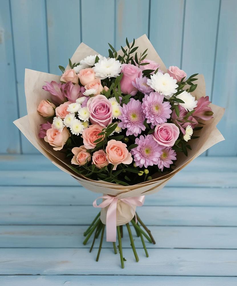 Букет цветов из: Хризантемы, Розы и Альстромерии в Спас-Клепиках