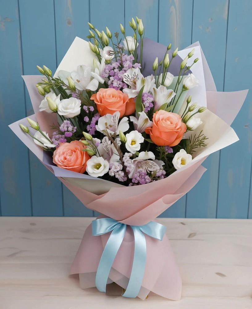 Букет цветов из: Лизиантусы, Розы, Альстромерии и Гипсофила в Спас-Клепиках