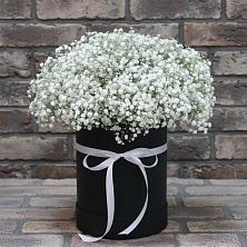 Цветочная композиция из Гипсофила в шляпной коробке в Спас-Клепиках