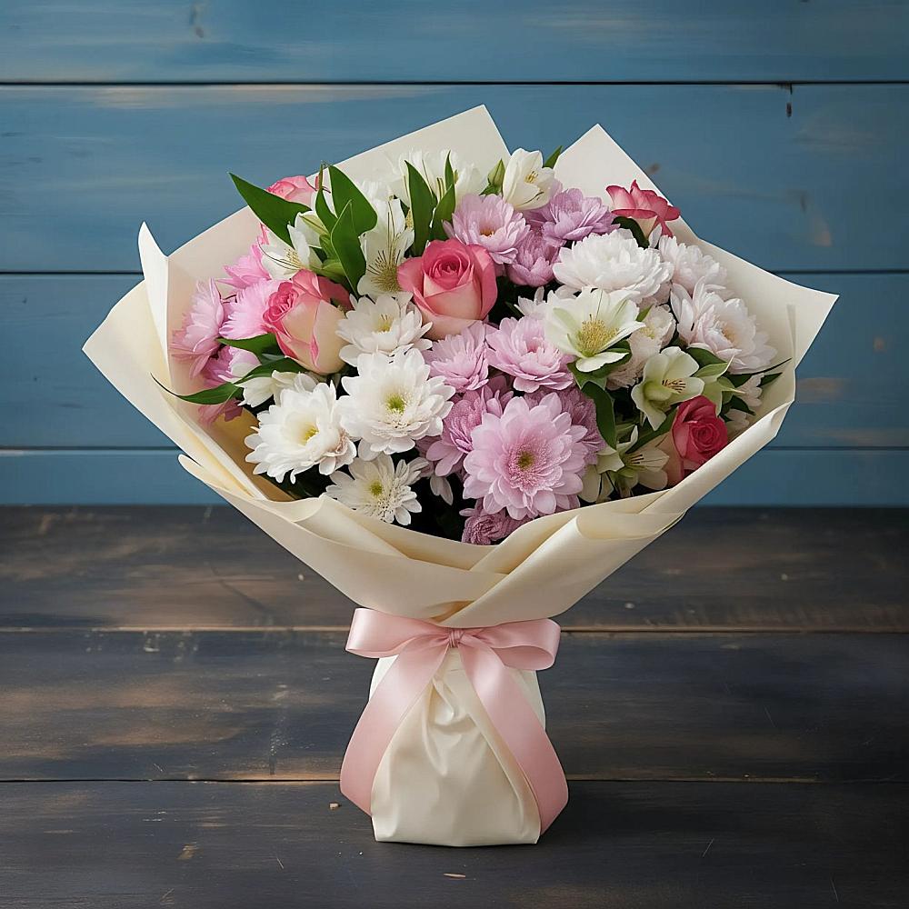 Букет цветов из: Хризантемы, Альстромерии и Розы в Спас-Клепиках